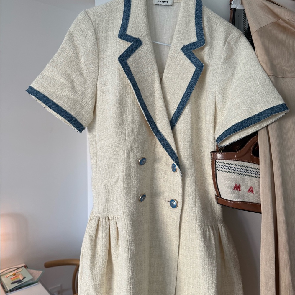 Sandro Cream Mini Dress with Blue Trim - Picture 2 of 6